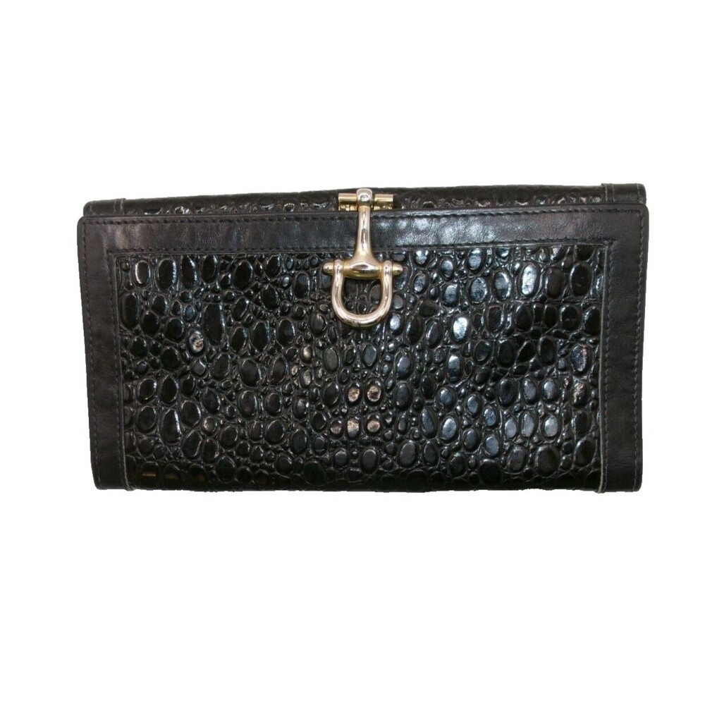Varon Black Leather Clutch Wallet Croco Embossed Silver Tone Clamp Closure 7x4"